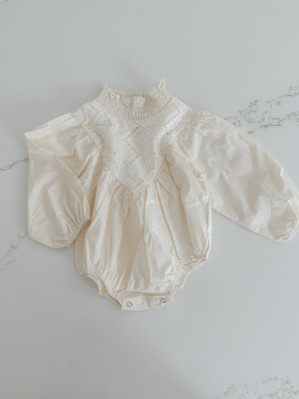 Embroidered Cotton Romper - Light Oat