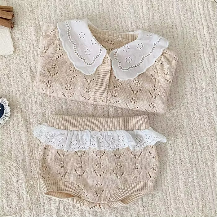 Hollow Out Knit Set -  Cream