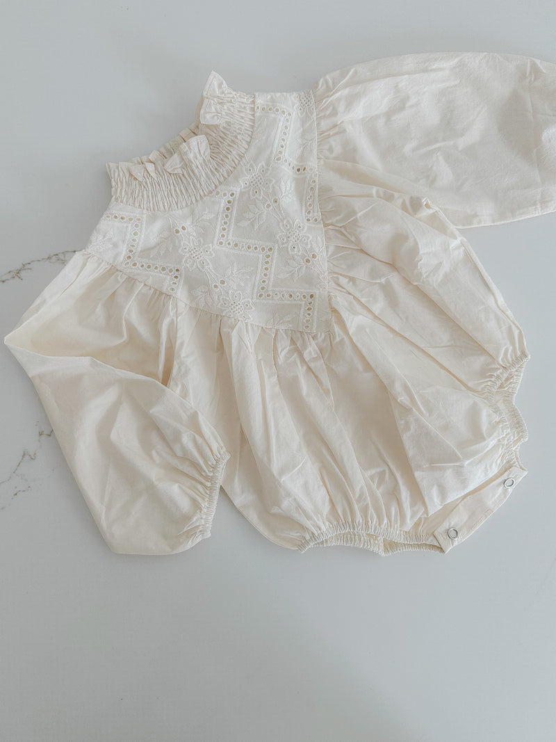 Embroidered Cotton Romper - Light Oat