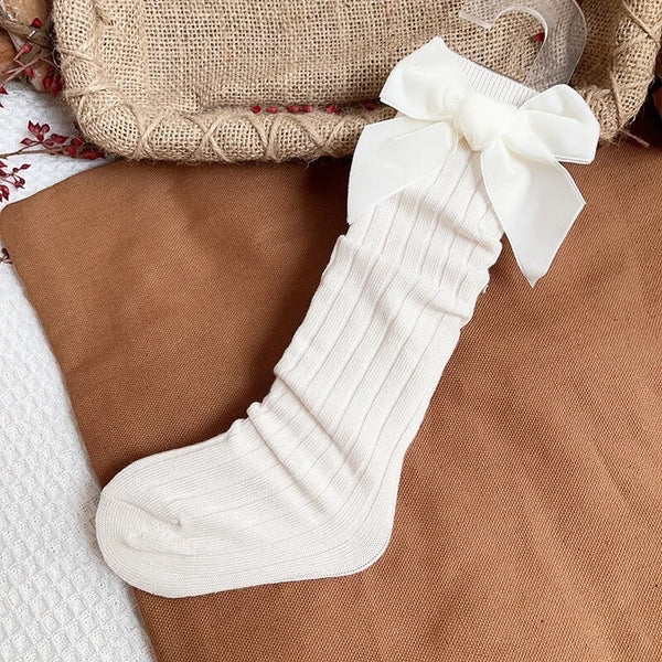 Ribbed Knee Socks With Velvet Bow - Milk