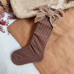 Ribbed Knee Socks With Velvet Bow - Chocolate