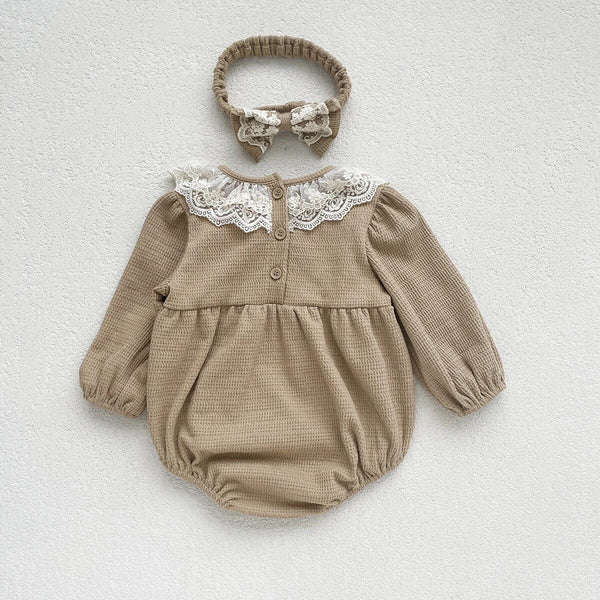 Textured Romper With Matching Bow - Caramel