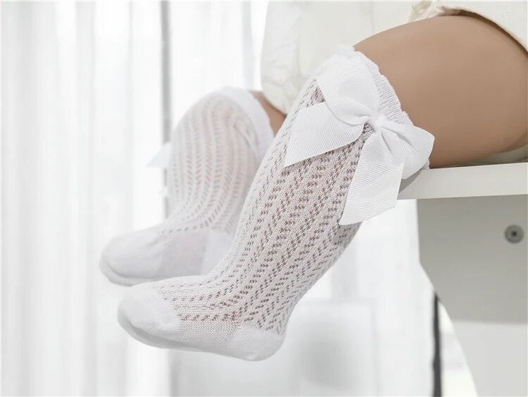 Hollow Out Bow Knee Socks - Milk