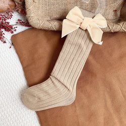 Ribbed Knee Socks With Velvet Bow - Caramel