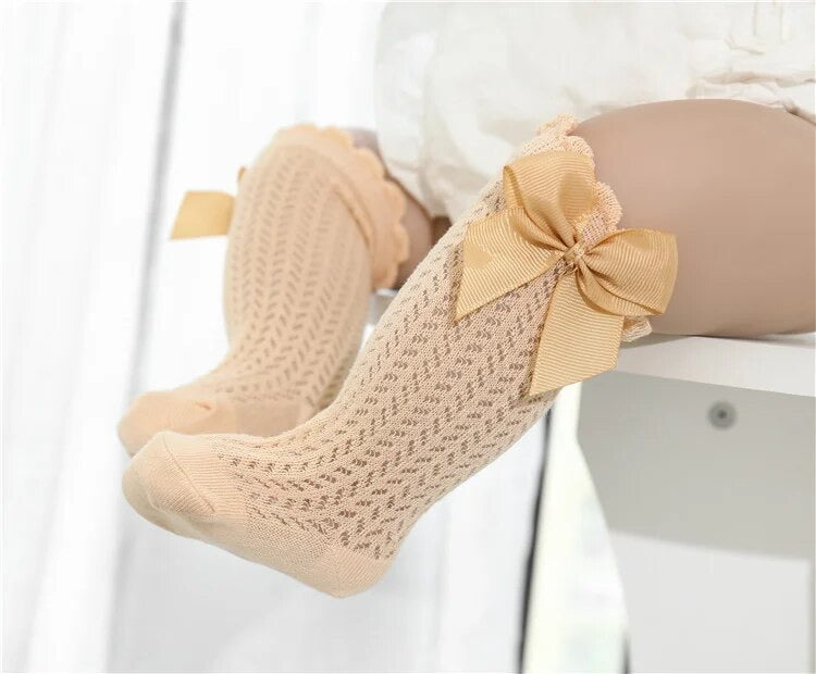 Hollow Out Bow Knee Socks - Oat