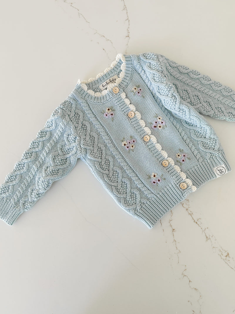 Embroidered Cable Knit Cardigan - Sky