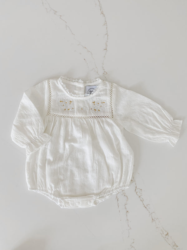 Embroidered Cotton Romper With Matching Bonnet
