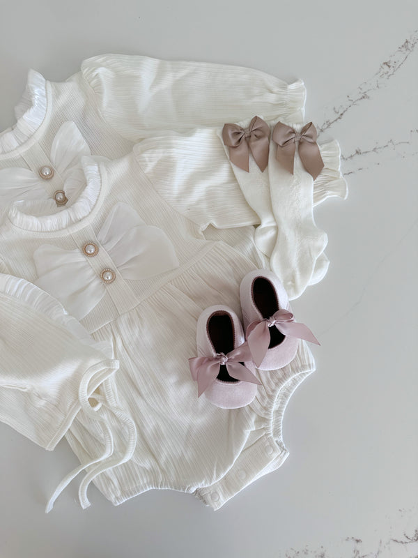 Cotton Bow Romper With Matching Bonnet