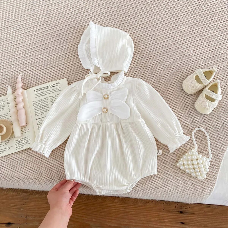 Cotton Bow Romper With Matching Bonnet