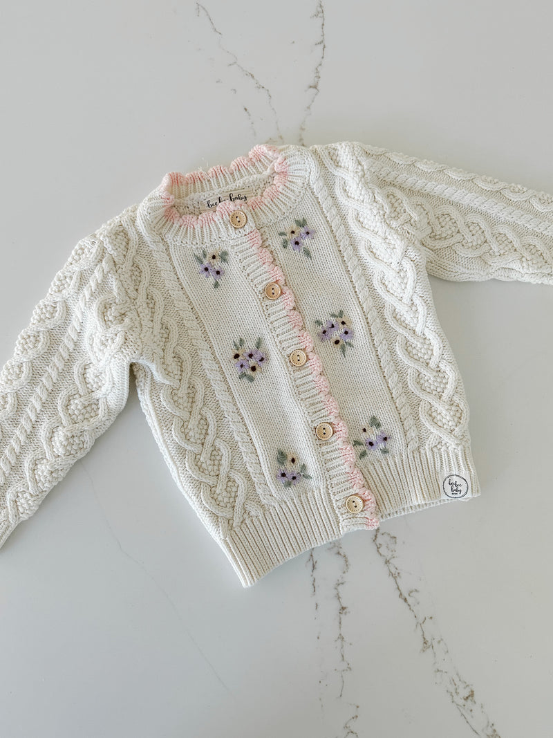 Embroidered Cable Knit Cardigan - Rosy