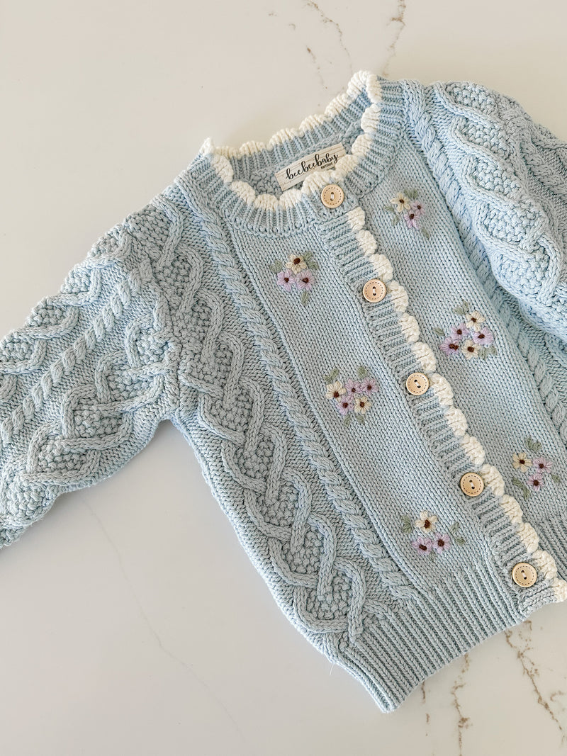 Embroidered Cable Knit Cardigan - Sky
