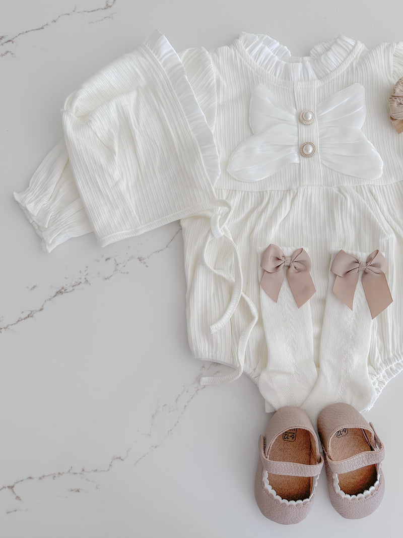 Cotton Bow Romper With Matching Bonnet