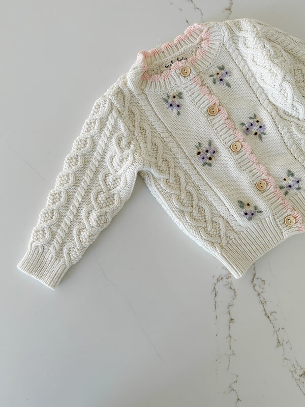 Embroidered Cable Knit Cardigan - Rosy