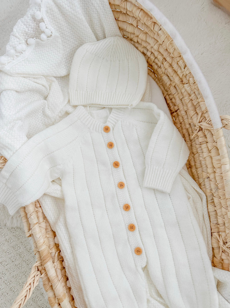 Butter Soft Chunky Knit Jumpsuit With Matching Hat - Powder