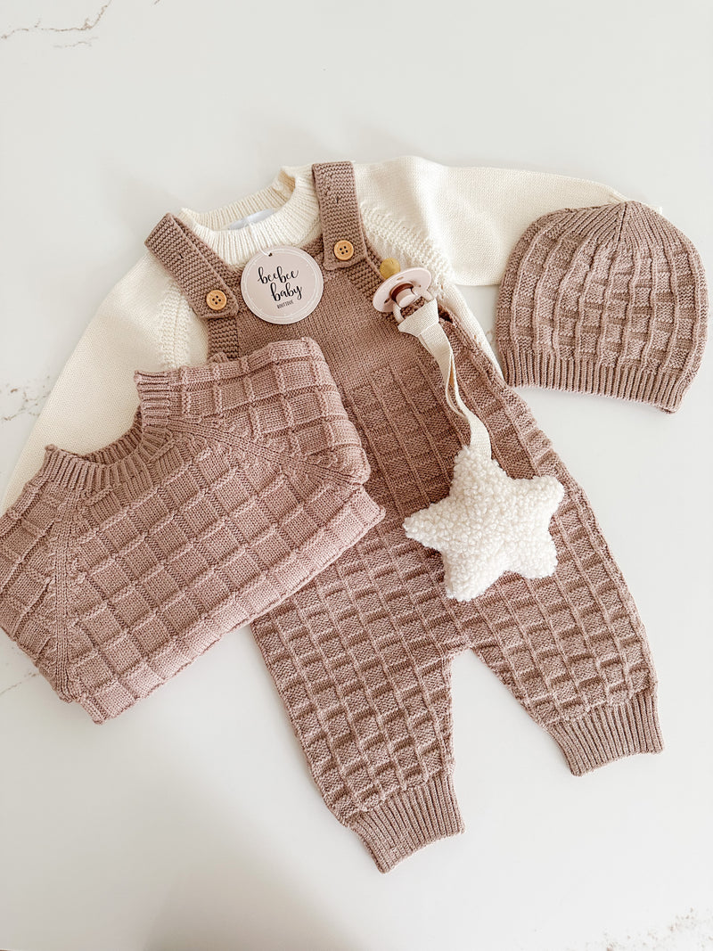 Textured Knit Overalls With Matching Hat - Coffee