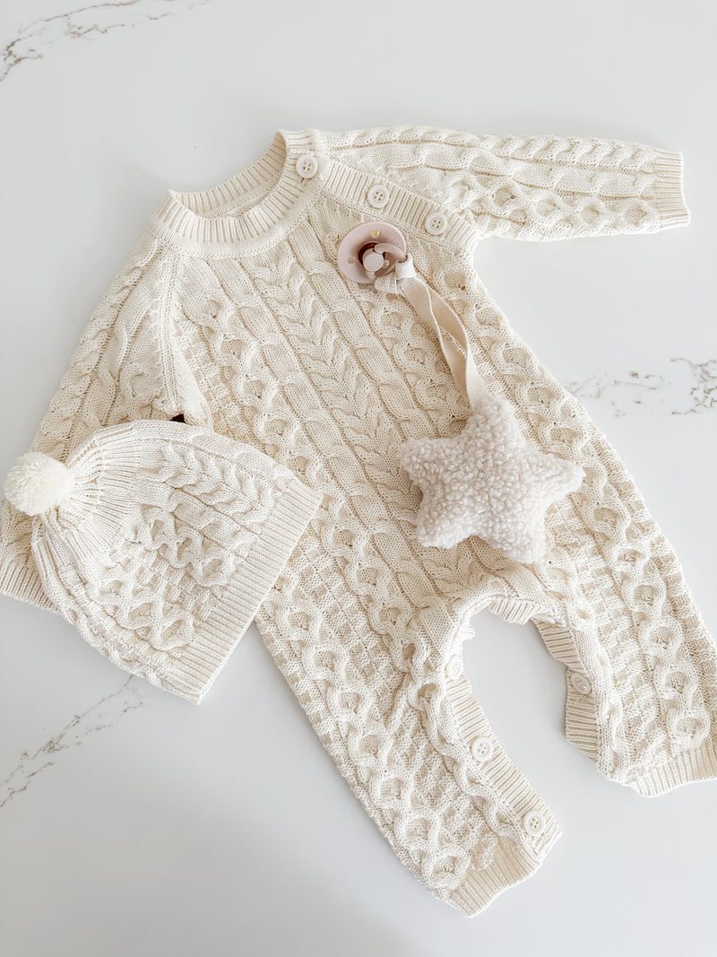Cable Knit Jumpsuit With Matching Hat