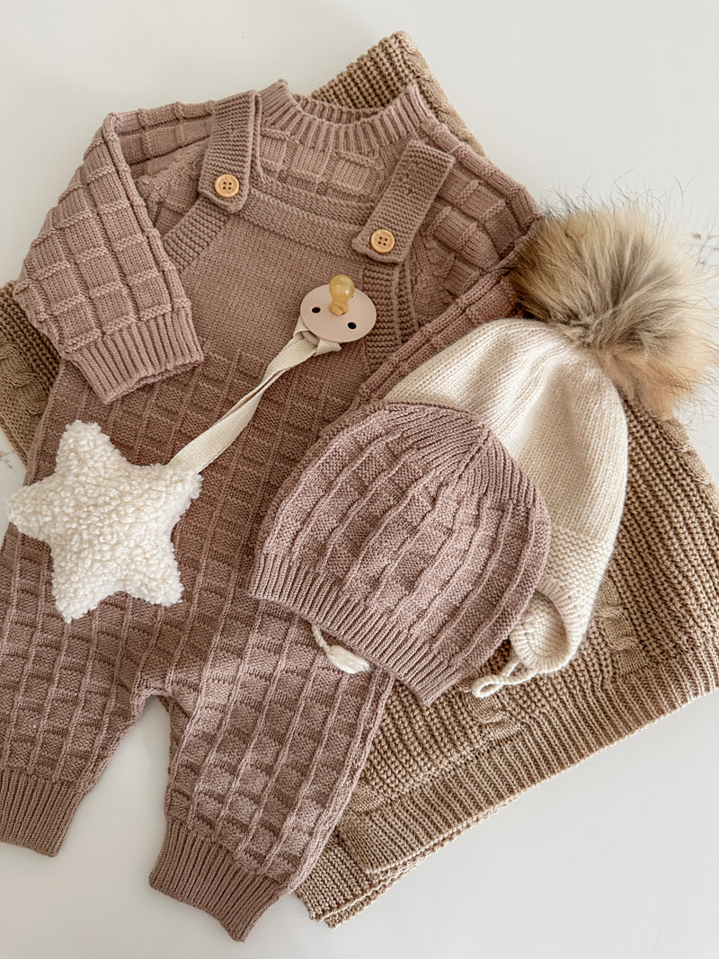 Textured Knit Overalls With Matching Hat - Coffee